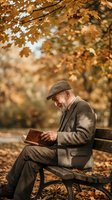 Elderly Caucasian man in flat cap and tweed suit reading a book on park bench surrounded by golden autumn foliage.
