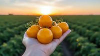 Fresh orange tomatoes held in hand at sunset over agricultural field showcasing organic farm harvest and healthy produce for cooking and nutrition.