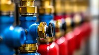 Close-up view of industrial plumbing system with blue and red pipes, brass fittings, and valves showing professional installation in mechanical room setting.