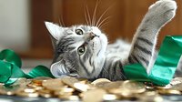 Playful gray tabby cat lying on scattered gold coins with green ribbon, looking up with bright eyes and extended paw. Concept of wealth, luck and prosperity.