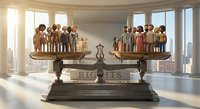 Diverse group of people standing on scales of justice in bright modern office representing equality, fairness, legal balance and human rights concepts.