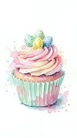 Watercolor Easter cupcake with speckled eggs and pink frosting swirl on white background for spring holiday baking and dessert designs.