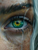 Mesmerizing green eye with golden glitter sparkles in macro view, surrounded by long eyelashes and turquoise hair strands creating magical fantasy makeup look.
