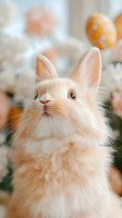 Adorable cream-colored bunny with large ears and expressive eyes against soft pastel background, perfect for Easter holiday designs and spring celebrations.