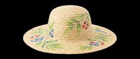 Straw sun hat with colorful floral and berry botanical print, isolated on transparent background. Great for T-shirt design, stickers, clipart, and print on demand.