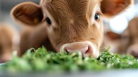 Young brown calf with blue eyes eating fresh green grass, close-up portrait showing curious expression and soft fur, farm animal in natural environment.