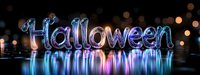 Glowing neon Halloween text with colorful reflection on water surface against dark background with bokeh lights creates magical holiday atmosphere.