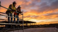 Construction workers in safety gear on scaffolding at sunset discussing building plans. Industrial teamwork and infrastructure development concept.