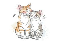 Two adorable cats cuddling together with hearts, orange tabby and gray striped felines showing affection in cute cartoon style for pet lovers and romantic designs.