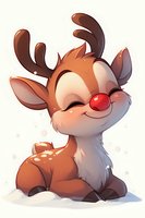 Cute baby reindeer with red nose smiling and sitting in snow, cartoon character with closed eyes and cheerful expression. Isolated artwork for holiday designs.
