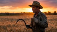 Middle-aged Caucasian farmer in straw hat holding sickle in golden wheat field at sunset. Agricultural worker harvesting grain crops during golden hour.