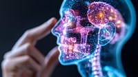 Glowing neon skull x-ray profile with neural network visualization showing brain activity and spinal cord connections against dark background for medical concept.