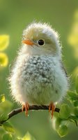 Fluffy baby bird with speckled feathers perched on thin branch against soft green background, displaying bright orange beak and feet in close-up nature photography.