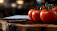 Fresh red tomatoes on vine with water droplets resting on rustic wooden cutting board next to pen, moody dark background with soft lighting for food photography.
