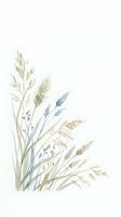 Watercolor illustration of dried grasses and wheat stalks in muted earth tones and soft blue hues arranged in a natural cluster. Suitable for botanical artwork, home decor, and design projects.