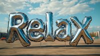 Silver foil balloon letters spelling RELAX against blue cloudy sky, standing on urban rooftop setting creates modern mindfulness message.