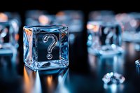 Question mark symbol frozen in transparent ice cube on dark reflective surface with bokeh lights, creative concept for uncertainty and decision making.