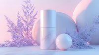 Minimal marble cosmetic packaging mockup with sphere and winter branches on pink background. Soft pastel colors create luxurious atmosphere.