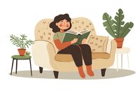 Young Asian woman reading book on cozy armchair at home, surrounded by houseplants. Relaxing weekend lifestyle illustration in minimal style.