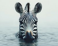 Close up portrait of zebra head emerging from water, showing distinctive black and white striped pattern and alert ears against misty background.