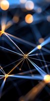 Abstract network visualization with glowing golden connection points and blue lines representing digital technology, data science, or artificial intelligence concept.