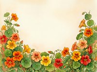 Watercolor nasturtium flowers border with orange, yellow and red blooms on beige background with copy space for text or design.