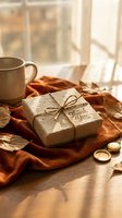 Rustic thank you gift box tied with twine on warm autumn fabric, surrounded by dried leaves, a mug, and golden locket in soft sunlight.