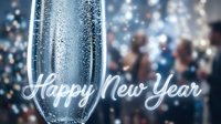 Happy New Year celebration with champagne flute and glowing text, bokeh party background with festive crowd for holiday greeting cards.