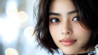 Young Asian woman with short dark hair and natural makeup looking up thoughtfully against soft bokeh background, expressing gentle confidence and serenity.