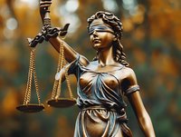 Bronze Lady Justice statue with scales against autumn bokeh background, perfect for legal firms, law offices and judicial system representation. Symbol of justice and legal rights concept.