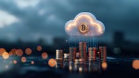 Cryptocurrency cloud computing concept with stacked coins and glowing digital network connections streaming from luminous cloud in dark atmosphere.