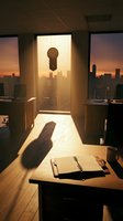 Modern office workspace with wooden desk, open notebook, pen, and coffee mug overlooking golden sunset cityscape through floor-to-ceiling windows. Ideal for business, productivity, and corporate themes.
