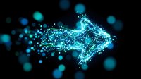 Glowing cyan arrow pointing right made of connected particles and dots on dark background, representing digital progress, data flow, direction, and forward movement in technology.