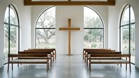 Modern minimalist church interior with wooden pews facing golden cross, arched windows, and natural light for worship, meditation, and spiritual gatherings.