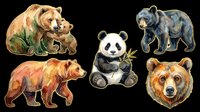 Watercolor bear collection featuring mother and cub, giant panda, and brown bear head isolated on transparent background. Ready for t-shirt design, clipart, stickers, sublimation, and print-on-demand products.