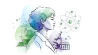 Young female scientist in lab coat conducting research with molecular structures and laboratory equipment in watercolor style illustration.