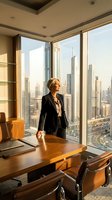 Mature woman in professional black blazer standing at wooden desk in high-rise office with panoramic city skyline views through floor-to-ceiling windows, corporate workspace setting.