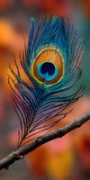 Vibrant peacock feather with iridescent blue and green plumage displaying natural eye pattern on branch against warm blurred autumn background.
