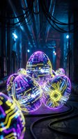 Futuristic cyberpunk robot with glowing neon circuit patterns in dark industrial corridor with cables and atmospheric lighting for sci-fi technology concepts.