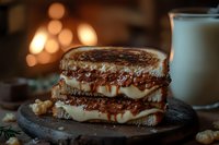 Grilled cheese sandwich with melted cheese on rustic bread served on wooden board with milk glass and warm bokeh lighting background for comfort food concepts.