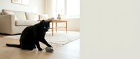 Black cat playing with toy mouse on wooden floor in bright living room with beige sofa and natural light from windows.