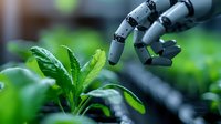 Robotic hand gently touching green plant leaves in modern greenhouse setting, symbolizing fusion of technology and nature in sustainable agriculture and farming automation.