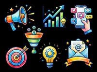 Colorful marketing icon set isolated on transparent background, featuring megaphone, growth chart, social media, funnel, target, light bulb, and email clipart for print on demand.