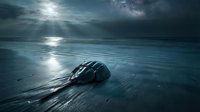 Dark rock formation on wet beach sand with dramatic cloudy sky and moon reflection creating moody coastal landscape for nature photography projects.