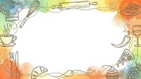 Colorful watercolor frame with kitchen utensils and food illustrations creating decorative border for culinary designs and cooking content.