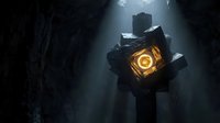 Underwater robotic exploration device with glowing orange light illuminating dark ocean depths for marine research and deep sea discovery missions.