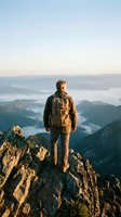 Male hiker with backpack standing on mountain peak overlooking misty valleys and forested landscape at sunrise, adventure and outdoor exploration concept.