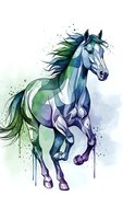 Watercolor horse in motion with flowing mane in blue and green tones. Abstract equine art with paint splashes and drips for creative projects and decor.