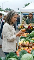 Mature woman selecting fresh tomato at farmers market with vendor and colorful produce display. Healthy shopping and local agriculture concept.