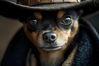 Close up portrait of miniature pinscher dog wearing black hat and blanket, looking at camera with bright amber eyes against dark background.